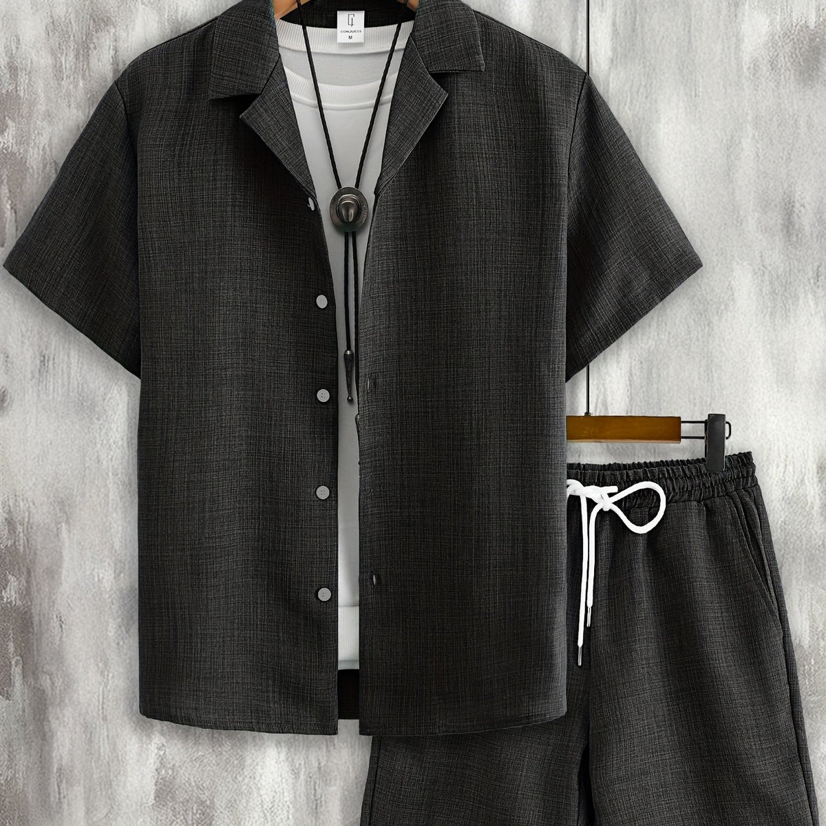Men's Lapel Shirt & Drawstring Shorts Lounge Set – view 4